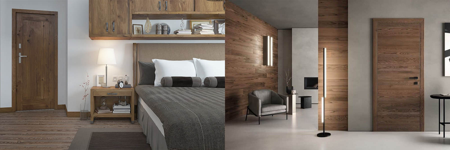 Usa interior lemn prezentata intr-o camera cu decor natural asortat